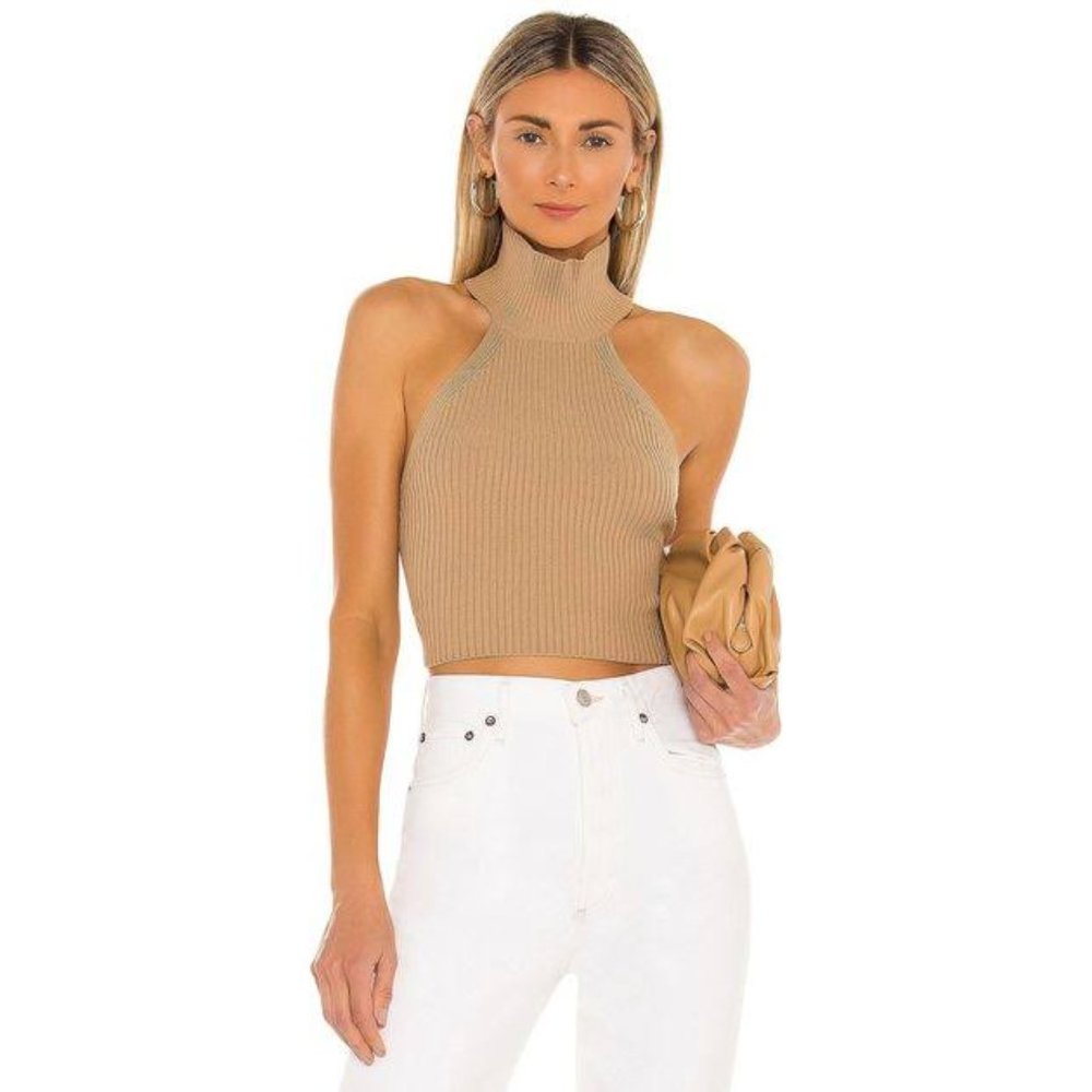 House of Harlow 1960 Ribbed Halter Crop Top in Camel